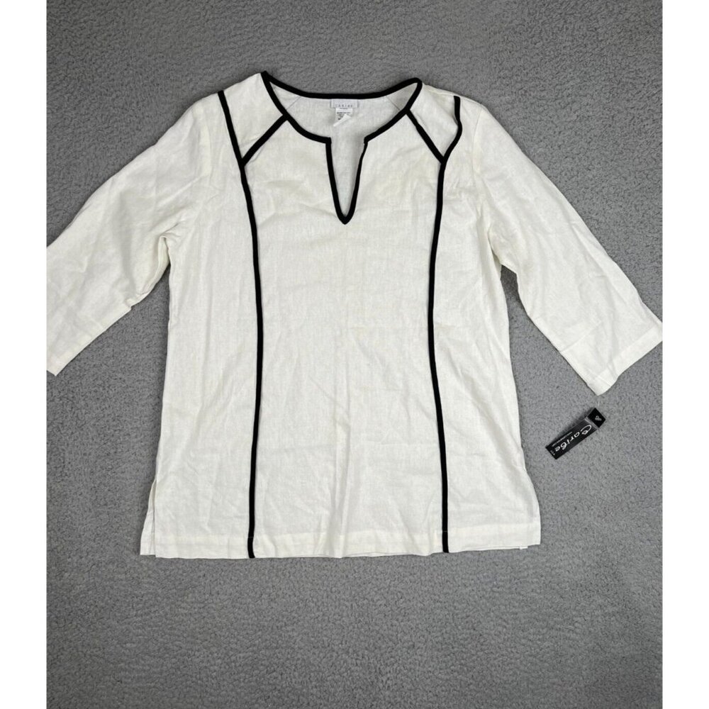 Caribe USA Women Shirt Size S Linen Blend V-Neck Pullover White/Black 3/4 Sleeve